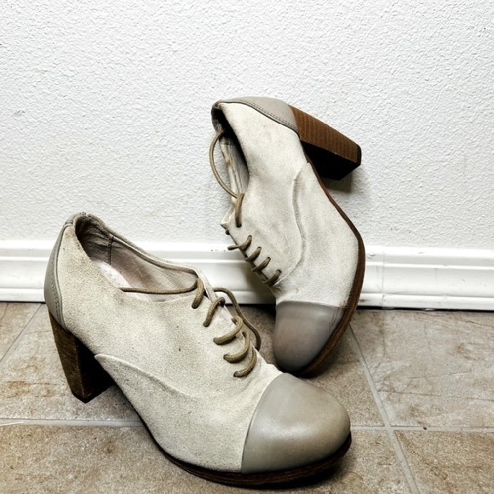All Saints Shoe Frankie Oxford Heeled Suede cap-toe leather Grey Block Heel Lace